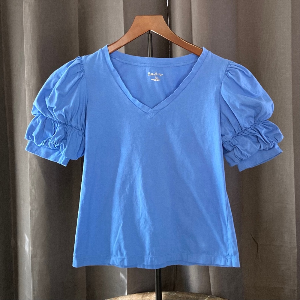 Lilly Pulitzer Bright Blue Cotton Puff Sleeve Shirt Vacation Elevated Casual XS